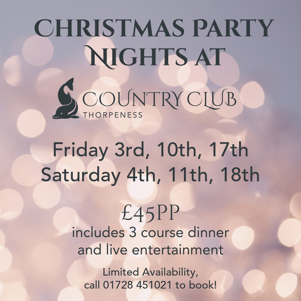 🥂 Christmas Party Nights at Thorpeness Country Club, all details can be found on our website thorpenesscountryclub.co.uk/events/christm…
3 course dinner and live entertainment! Book your ticket today!
🎄 Friday 3rd
🎄 Saturday 4th
🎄 Friday 10th
🎄 Saturday 11th
🎄 Friday 17th
🎄Saturday 18th
