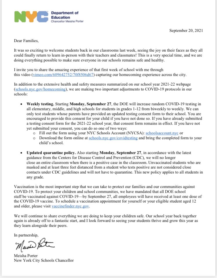 District22BKNY's tweet photo. Chancellor’s update to our in-school COVID-19 testing program and quarantine protocols. Letter will also be available on the Messages for Families page (with translations shortly). And we still continue to update the 2021-22 School Year information on our family-facing website. https://t.co/FkwtJTTvDJ