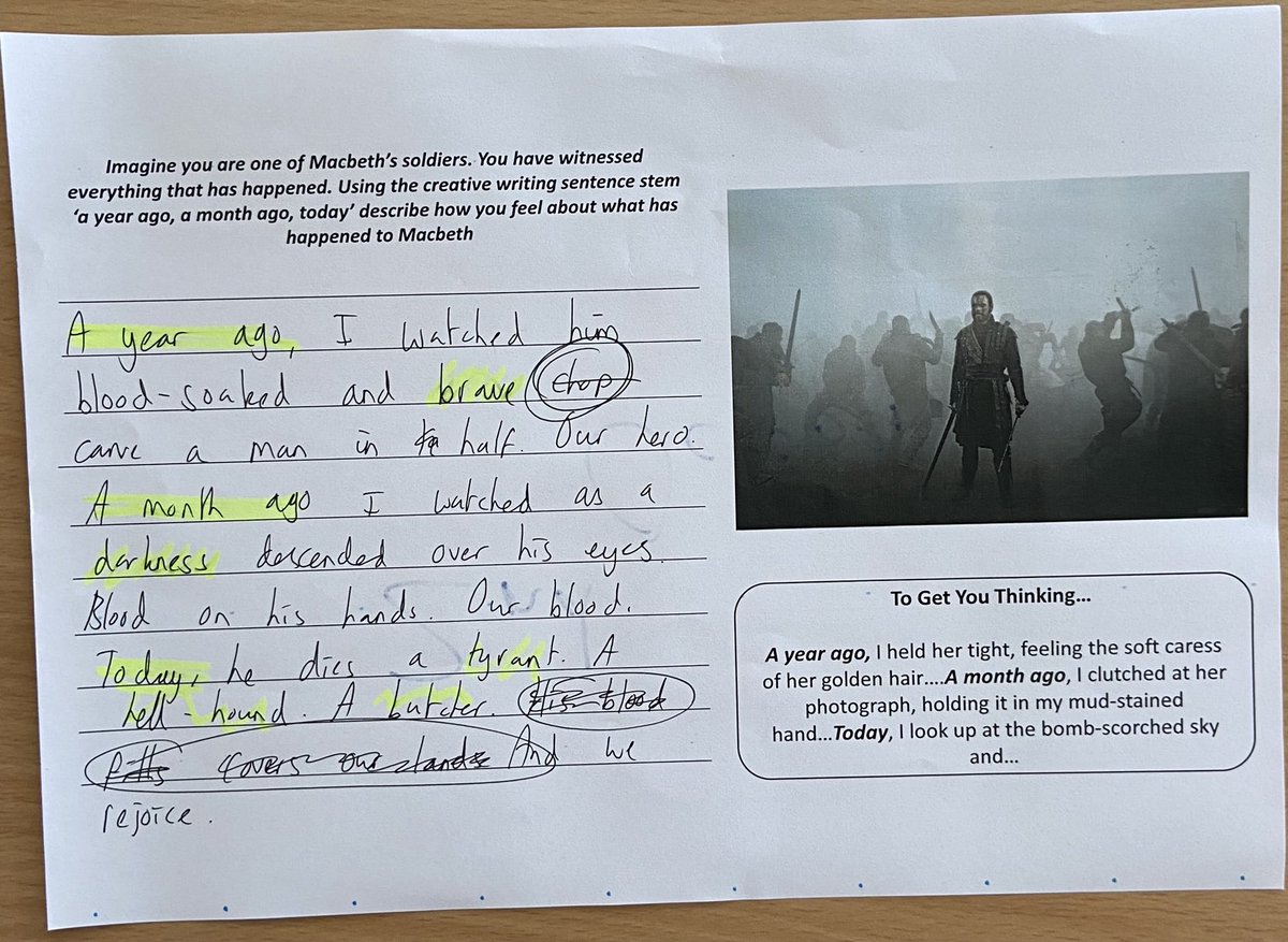 __codexterous's tweet photo. This MACBETH/CREATIVE WRITING cross over worked *really* well…

Here’s my attempt! 

Big focus with them on the crossing out: a useful way to conceptualise thinking hard about the best possible word https://t.co/ogXfuyRtIH