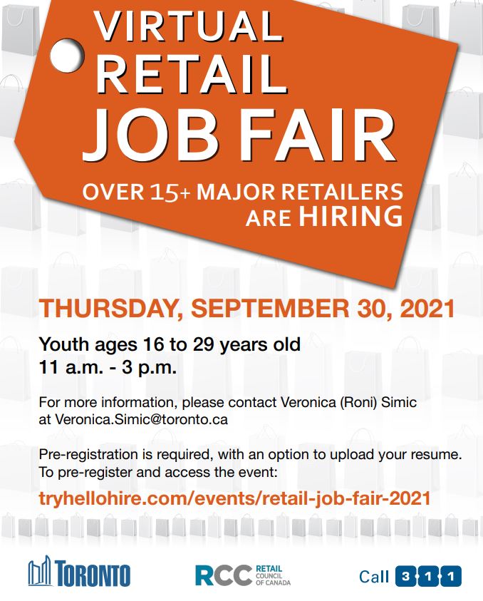 YouthToronto's tweet photo. Virtual Retail Job Fair Fall 2021
📅 Thursday September 30, 2021 

15+ Major Employers!  
500+ Opportunities! 

To register and for more information:
https://t.co/Us84uCYvvh https://t.co/UP5gjAInnV