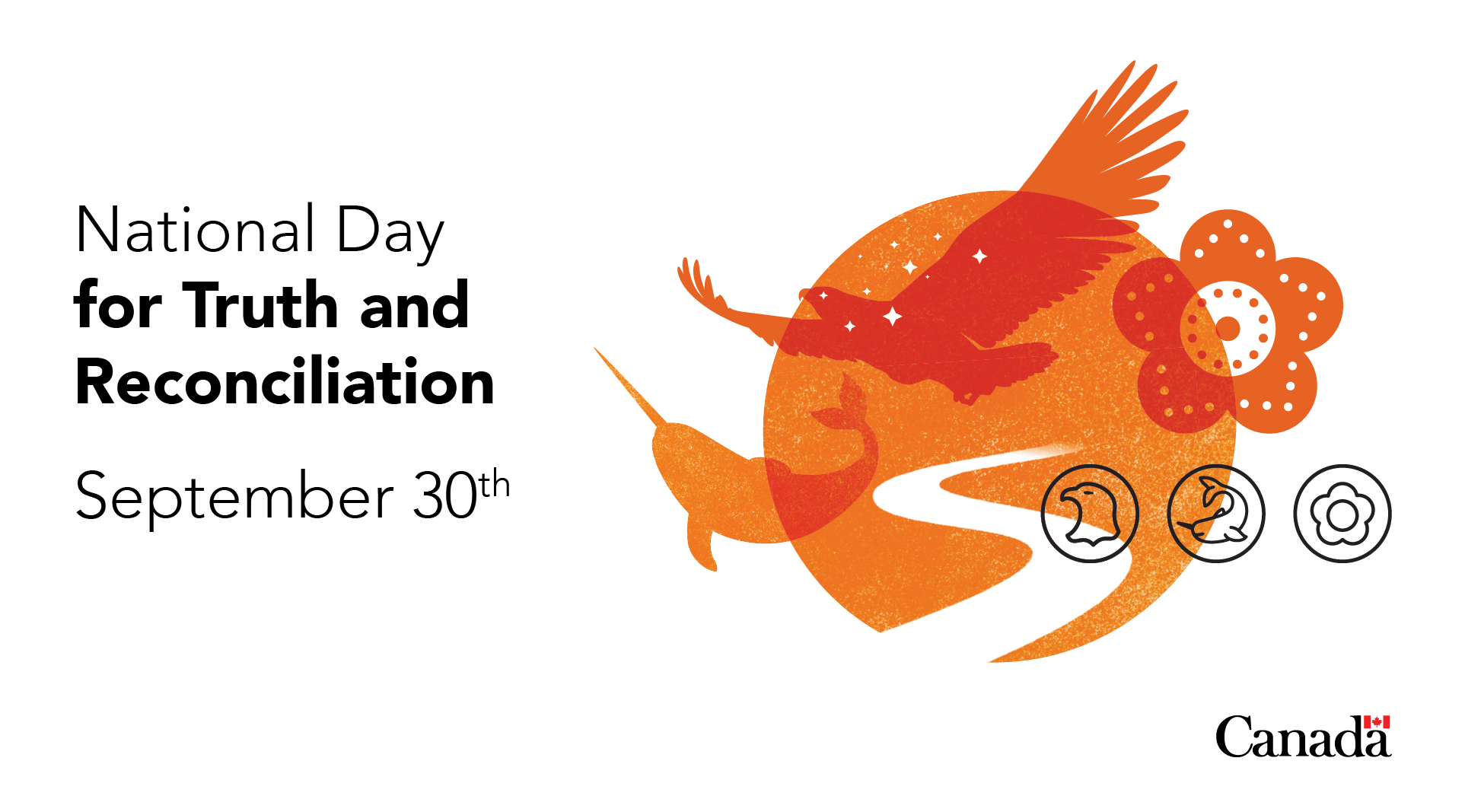 And orange and white graphic from the Government of Canada with imagery of animals & elements connecting with one another. It reads "National Day for Truth & Reconciliation, September 30th"