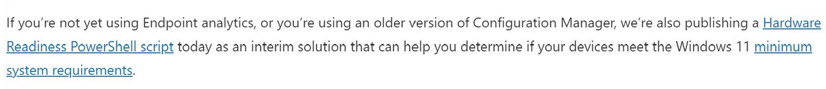 panusaukko's tweet image. #Windows11 compatibility info will be included in #EndpointAnalytics. See the blog article for more details.

Notice that Microsoft is releasing a PowerShell script to detect #Windows11 compatibility if you are not using #EndpointAnalytics/#MEMCM 2107. 

 techcommunity.microsoft.com/t5/microsoft-e…