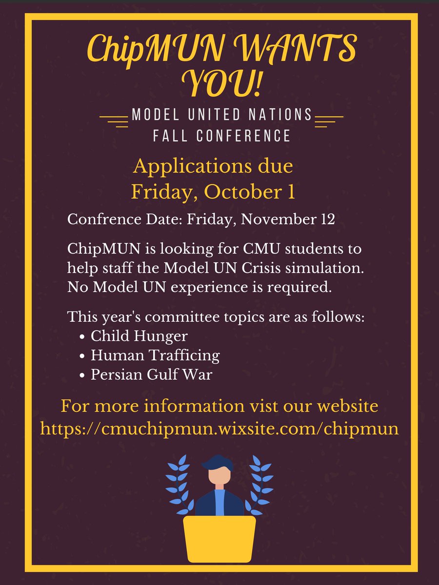 CHIPmun_cmu's tweet image. ChipMUN is looking for staff for this year's Fall Conference! The deadline for applications is October 1. If you are interested please visit our website at:
cmuchipmun.wixsite.com/chipmun