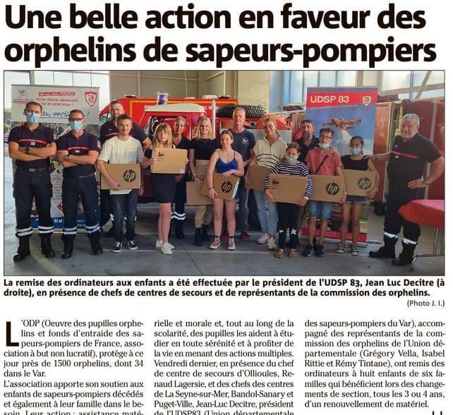 Le président <a href="/jldecitre/">Decitre</a> et les membres de la commission orphelins <a href="/udspvar/">UDSP83</a> ont remis un ordinateur financé par <a href="/OdpPompiers/">ODP Sapeurs-Pompiers de France</a> à 8 enfants orphelins de #sapeurspompiers dans le cadre de cette nouvelle rentrée scolaire. Un moment de générosité et de partage essentiel 👍 #belleaction