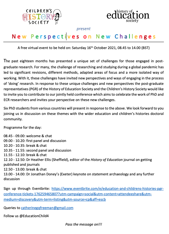 EducationChild4's tweet photo. 📣We're having a party!📣
Well, the virtual conference doctoral student version thereof. It is though a celebration of #histed & #histchild #phd students so not that far removed from a party.
16th. October, 08.45 - 14.00 BST. Sign up and join the fun! https://t.co/UgJOpQClH3 https://t.co/NOkiFA0xwx