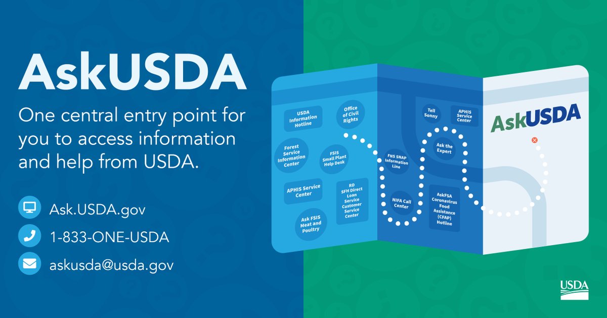 rd_texas's tweet photo. #AskUSDA is a one-stop-shop that makes it easy for you to get the info you need. All in one!
Find us here 👇
💻https://t.co/ttNWzzIKCa
📞1-833-ONE-USDA
✉askusda@usda.gov https://t.co/GLtGIusPkU
