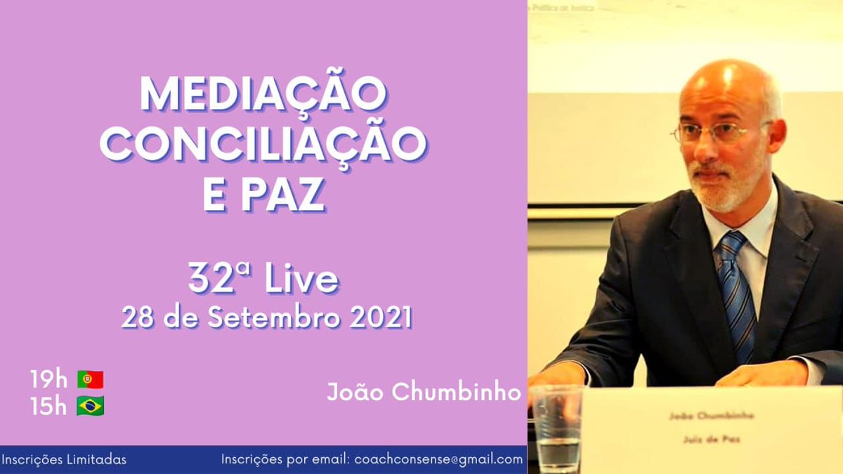 JoaoChumbinho's tweet photo. Depois da Dra. Maria Saldanha Pinto Ribeiro, Presidente do Instituto Português de Mediação Familiar, vamos ter a presença na 32.ª LIVE de Juan Carlos Vezzula, mediador e formador em vários países.
Terças-feiras, às 19h00.
Inscreve-te: https://t.co/3TlifbFMLT https://t.co/SbWUg2PpYF