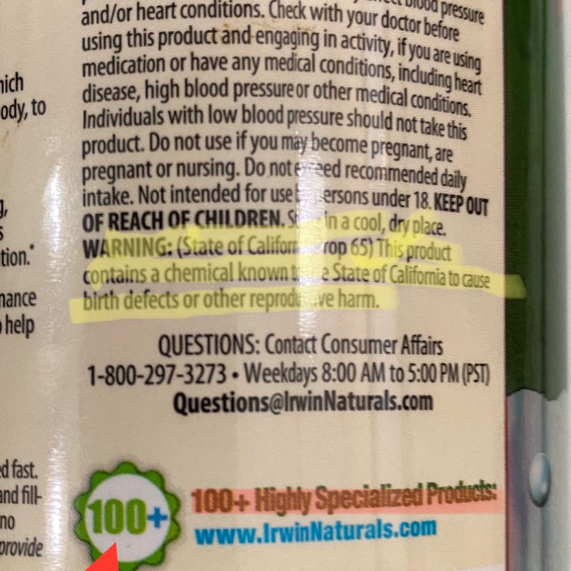 DaleFinkJr1's tweet image. ATTENTION
Irwin Naturals   #PrettyPackaging   Supplements 
Beet Root Red product contains a chemical Known to the State of California to cause birth defects or other reproductive harm