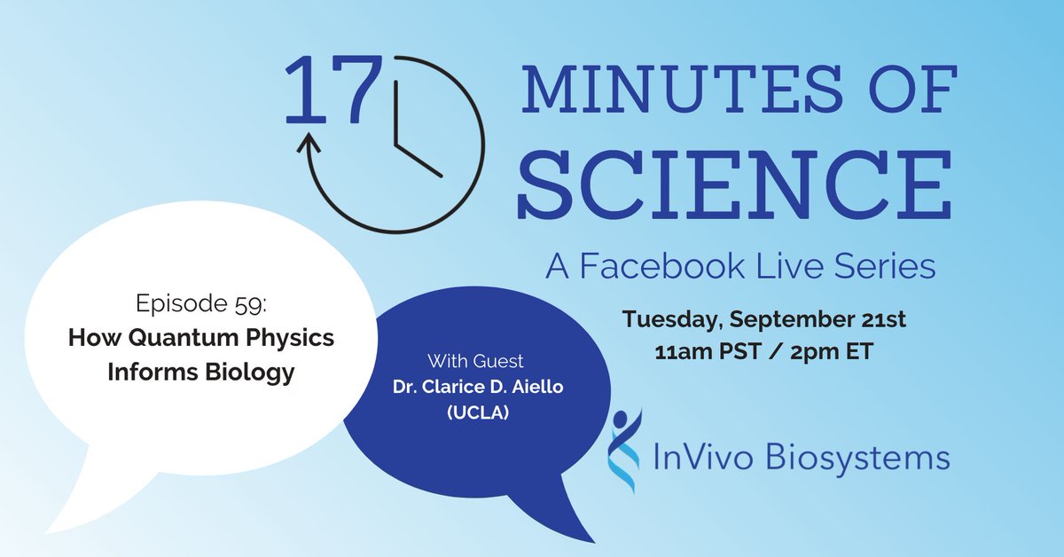 invivobiosystem's tweet photo. T-10 minutes! Tune in as we talk live with @ClariceDAiello about how quantum physics informs biology #biology #biotech #womeninstem https://t.co/BEKK51GwpR https://t.co/GO9OIsWvHH