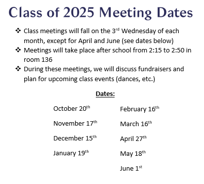 2025Shs's tweet photo. All freshmen are invited to attend any class meeting this year. Please come and help us plan fundraisers and future class events! https://t.co/DSPmPZJz8w