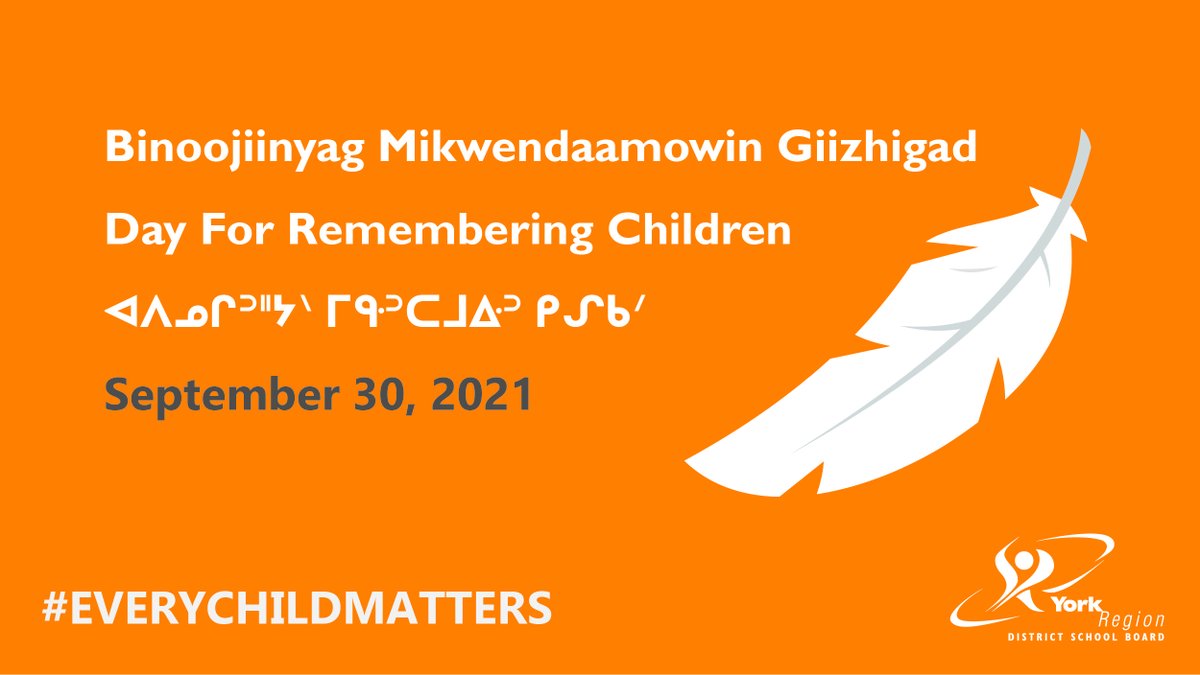 YRDSB's tweet image. On Orange Shirt Day, #YRDSB students and staff will commemorate the day with a ceremony titled: “Binoojiinyag Mikwendaamowin Giizhigad - Day For Remembering Children ᐊᐱᓄᒋᐣᐦᔭᐠ ᒥᑵᐣᑕᒧᐏᐣ ᑭᔑᑲᐟ ” 

Learn more: ow.ly/Zmzt30rUF7Y #everychildmatters