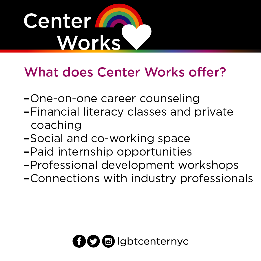 LGBTCenterNYC's tweet photo. Learn more and enroll in programming by contact The Center at 212.620.7310 or by emailing centerworks@gaycenter.org.
#CenterWorks https://t.co/iuSL5JUmvJ