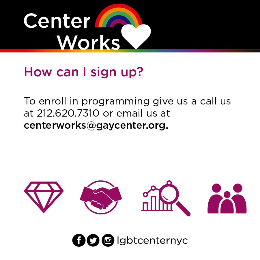 LGBTCenterNYC's tweet photo. Learn more and enroll in programming by contact The Center at 212.620.7310 or by emailing centerworks@gaycenter.org.
#CenterWorks https://t.co/iuSL5JUmvJ