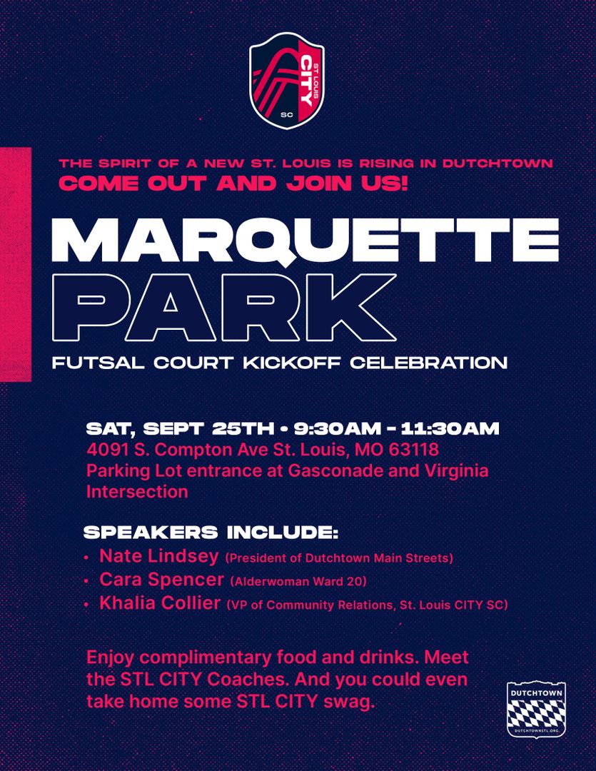 dutchtownstl's tweet image. This Saturday! Join us in Marquette Park at 9:30am as we celebrate the opening of the new futsal court with @stlCITYsc! Come out for a chance to grab soccer balls and CITY SC swag!

Learn more about futsal at Marquette Park at dutchtownstl.org/futsal/