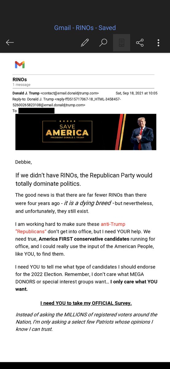 ityogini's tweet image. I found this remarkable email in my junk box. Note the emphasis on 'dying breed'. What a garbage human. Note how he equates anti-Trump with bad for R party. Trumpism is a dangerous cult.