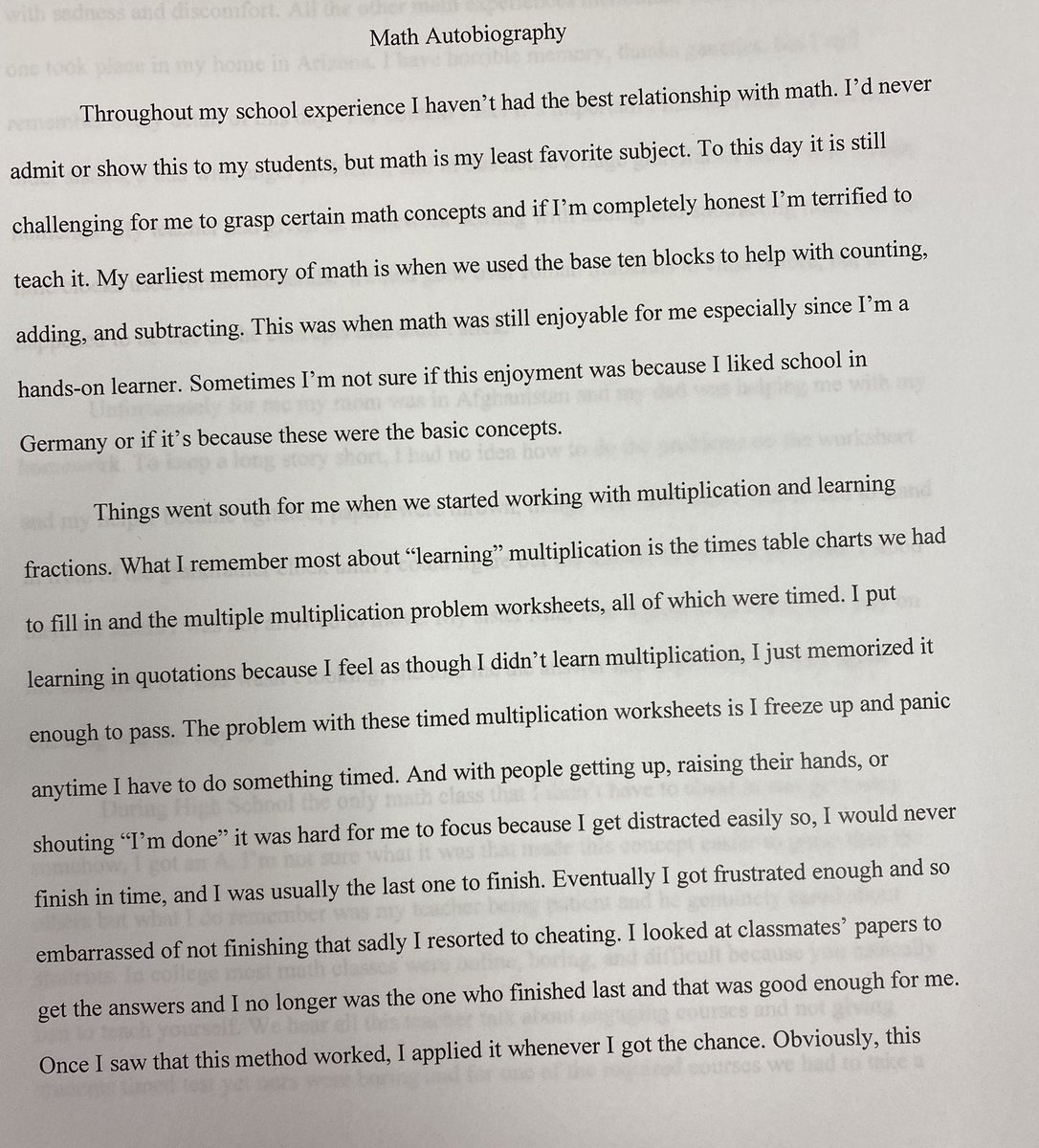 DawnDJacobs's tweet photo. This is an excerpt from one of college S’s math autobiography (Sharing with permission). Read it & let it sink in! #growthmindset #timedtests #fearofmath https://t.co/hpTtF2uul7