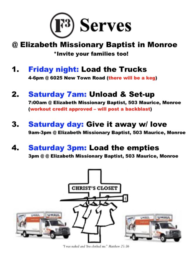 Ice9 (@ice9f3) on Twitter photo Men: God needs you Sat at 7am - even 1 hr. He has 3 huge truckloads of furniture, clothes, & more for thousands in Monroe. But you are his hands & feet. We need at least 50 strong backs and full hearts. <a href="/F3Metro/">F3 Charlotte Metro</a> <a href="/F3Waxhaw/">F3 Waxhaw</a> <a href="/F3Area51/">F3 South Charlotte</a> <a href="/F3Sob/">F3 SOB</a> (Fri is good too but we really need Sat) Men: God needs you Sat at 7am - even 1 hr. He has 3 huge truckloads of furniture, clothes, & more for thousands in Monroe. But you are his hands & feet. We need at least 50 strong backs and full hearts. <a href="/F3Metro/">F3 Charlotte Metro</a> <a href="/F3Waxhaw/">F3 Waxhaw</a> <a href="/F3Area51/">F3 South Charlotte</a> <a href="/F3Sob/">F3 SOB</a> (Fri is good too but we really need Sat)