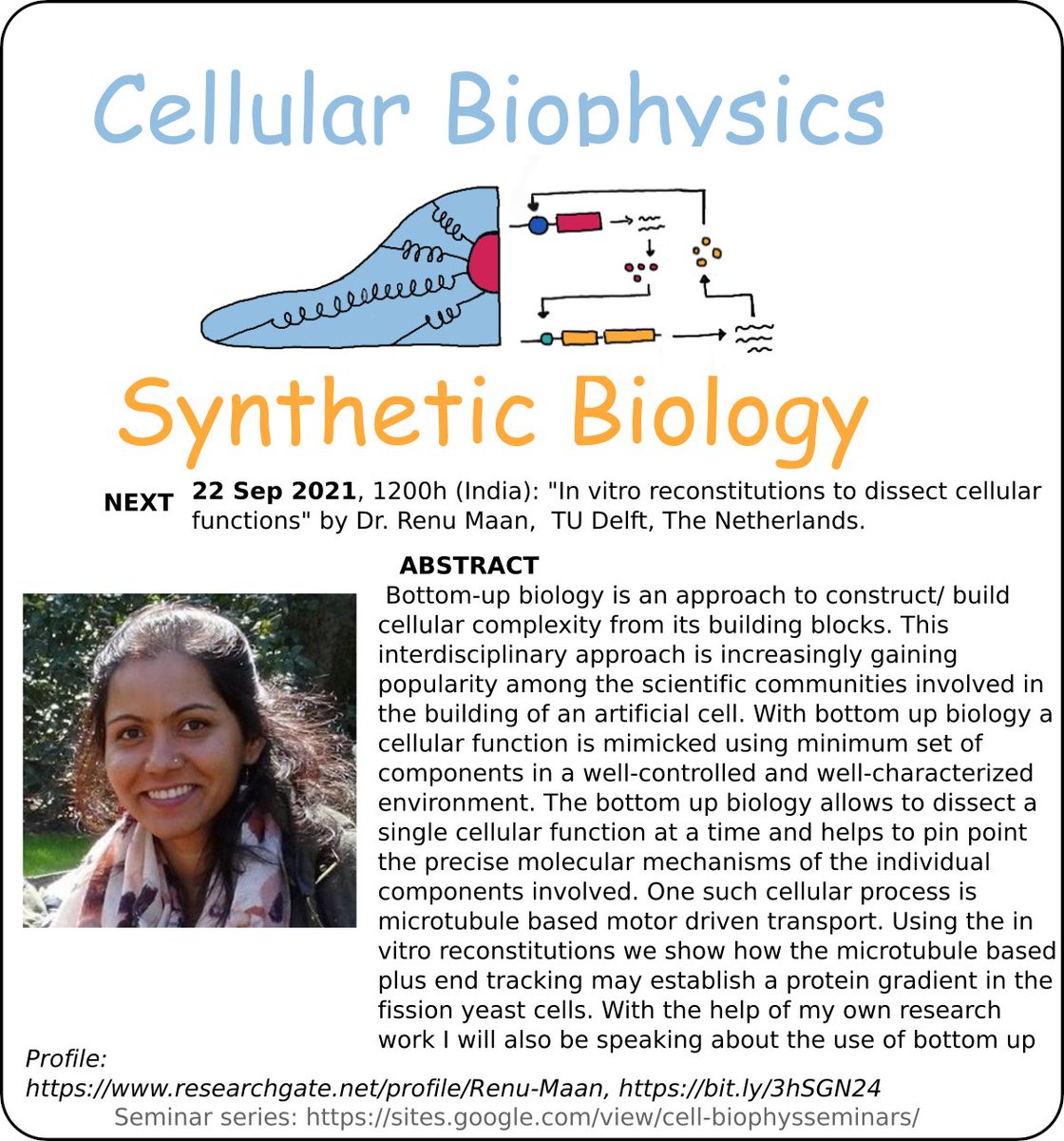AthaleLab's tweet image. Our next talk in the #CellBiophys and #SynthBio series is by an in vitro #reconstititon researcher from TU Delft. Sign up for webinar access. Date and time: 22-Sep-2021 at 1200h IST