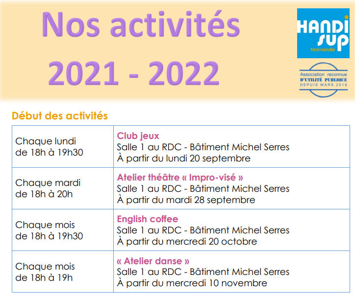 Les activités de Handisup sont de retour pour les adhérentes et adhérents !!!🎉
Venez découvrir ou redécouvrir le "Club jeux", l'Atelier "Théâtre", "l'English coffee" et l'Atelier "Danse". 

Pour plus d'information sur l'association: handisup.asso.fr/qui-sommes-nou…