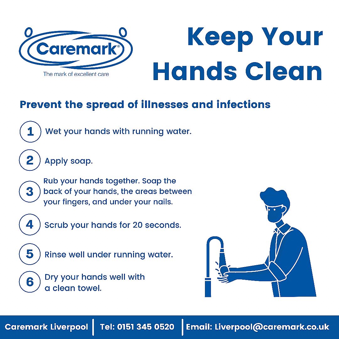 Prevent the spread of illnesses and infections by following our helpful tips 💙

#Homecare #HomeCareLiverpool #LiveInCare #Caremark #CaremarkLiverpool #Care #CareLiverpool #StaySafe #Healthcare #CareAtHome #LiverpoolJobs #Liverpool #Dementia #UK