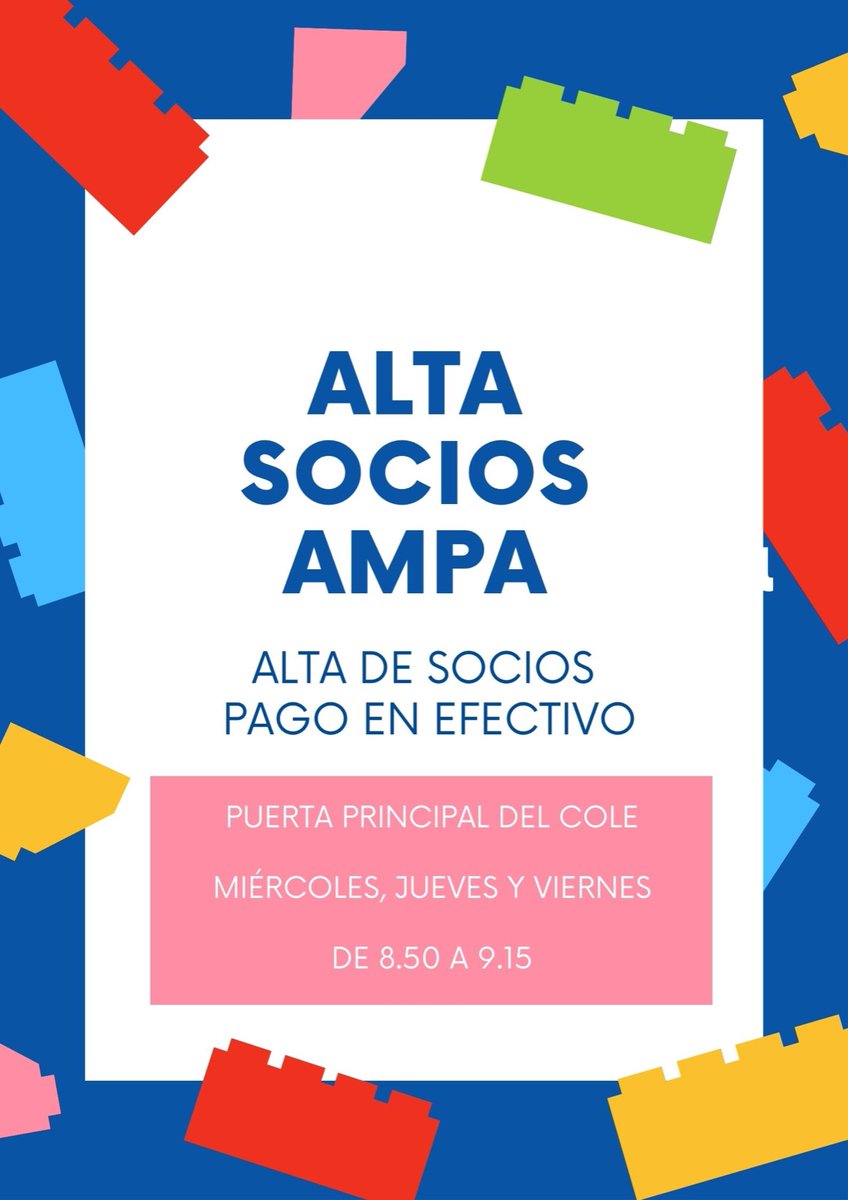 ¡Hola! Esta semana vamos a estar en la puerta del cole de 8:50 a 9:15 para las familias que prefieran asociarse al AMPA con pago en efectivo. Pondremos una mesa en la puerta principal del cole miércoles, jueves y viernes, si la meteorología nos lo permite. ☔
¡Os esperamos! 💪😘