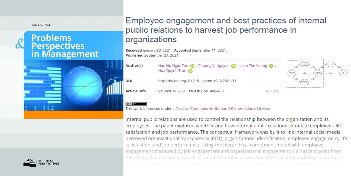 PPM_Journal's tweet photo. ποΈ https://t.co/DFPIKccKWc
βοΈ Employee engagement and best practices of #internalpublicrelations to harvest job performance in organizations
π₯ Han Nu Ngoc Ton, Phuong V. Nguyen, Luan The Vuong, Hoa Quynh Tran
#employeeengagement #internalsocialmedia #jobperformance https://t.co/gUJQXu6ans