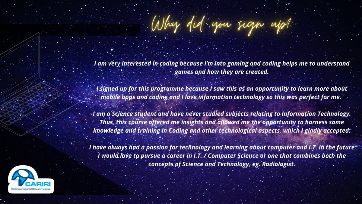 cariri_tt's tweet image. We asked students to document their journey with us in our Coding and Mobile App Development programme and to tell us why they signed up for the course. We had answers ranging from it was a passion to just curiosity .
#CodingFundamentals #CodingwithCARIRI