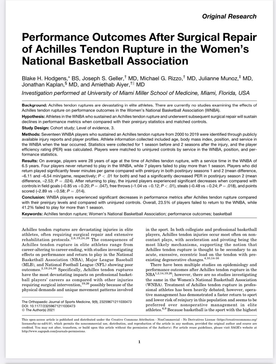 My most recent publication in <a href="/OJSM_SportsMed/">OJSM_SportsMed</a> focused on RTP and performance outcomes following Achilles tendon injury in the <a href="/WNBA/">WNBA</a> .. pubmed.ncbi.nlm.nih.gov/34527757/