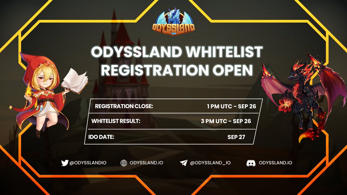 🔥 Odyssland Whitelist Registration Announcement 🔥

We are super excited to officially announce the opening of Odyssland Whitelist.

⚠️ The whitelist form: gleam.io/5mfRO/whitelis…

⚠️ More information here: odyssland.medium.com/dd0d460d7157

#Odyssland, #ODL #Presale, #Whitelist