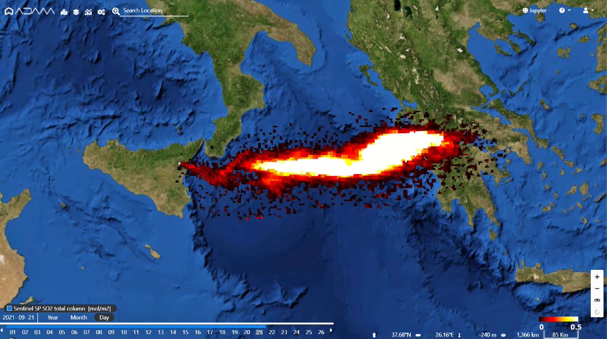 The 55th paroxysm of #Etna from space! After 22 days the #volcano erupted today Sep. 21 in the morning, and #Copernicus #Sentinel5p captured the SO2 emissions heading to #Greece. #Airquality #Sicily 
Le emissioni di SO2 dell'eruzione dell'Etna di oggi, catturate dal satellite.