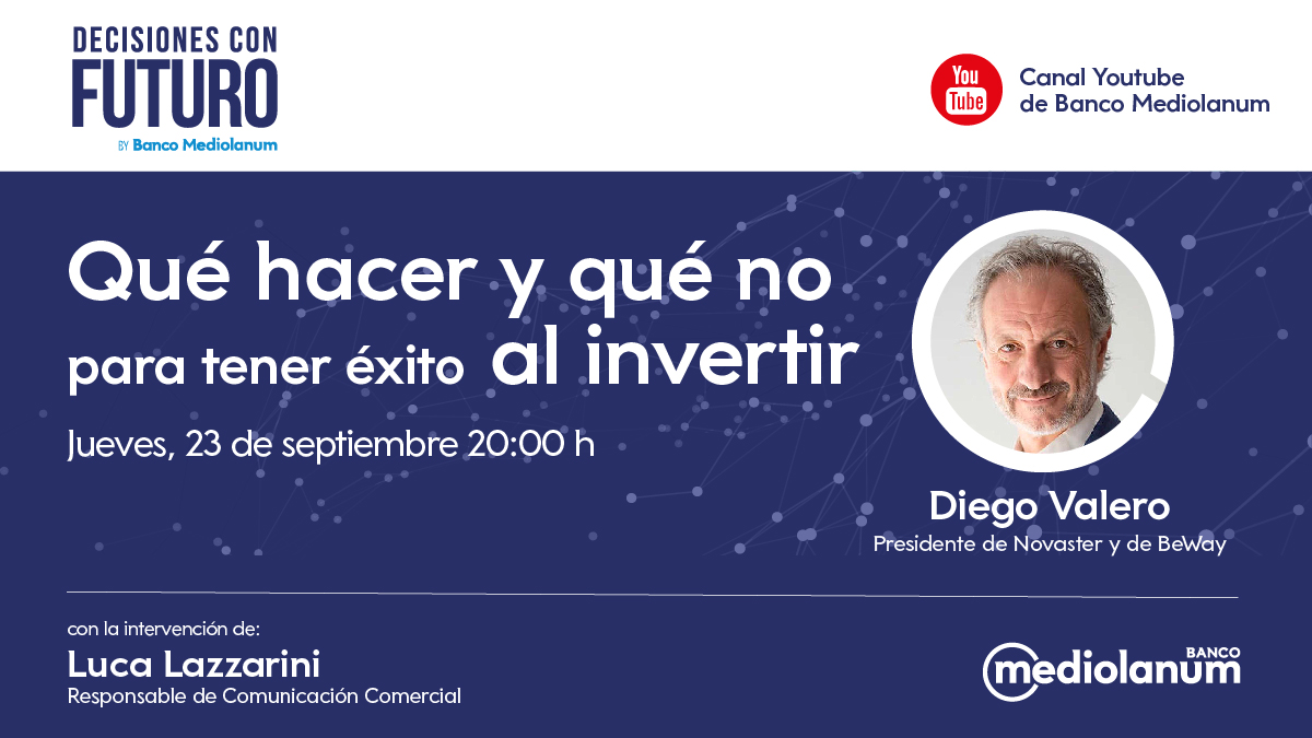 El próximo jueves 23 tenemos un invitado de excepción en #DecisionesConFuturo, <a href="/diegovaleroc/">Diego Valero</a>, junto a <a href="/LucaLazzarini/">Luca Lazzarini</a> hablarán sobre las diferentes estrategias de mercado y sobre lo que no hay que hacer nunca. ¡Imperdible! Te esperamos en youtube.com/bancomediolanum