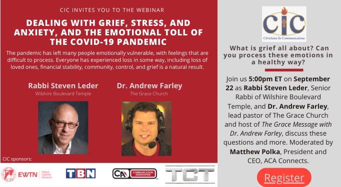 Grief, stress, anxiety in the pandemic? Hear Rabbi @Steve_Leder of @wbtla and @DrAndrewFarley of @TheGraceChurch1 discuss how to cope and grow at 5 pm ET Wed., Sept. 22, on this FREE webinar! All are invited! Register here: christiansincommunications.com/events.html