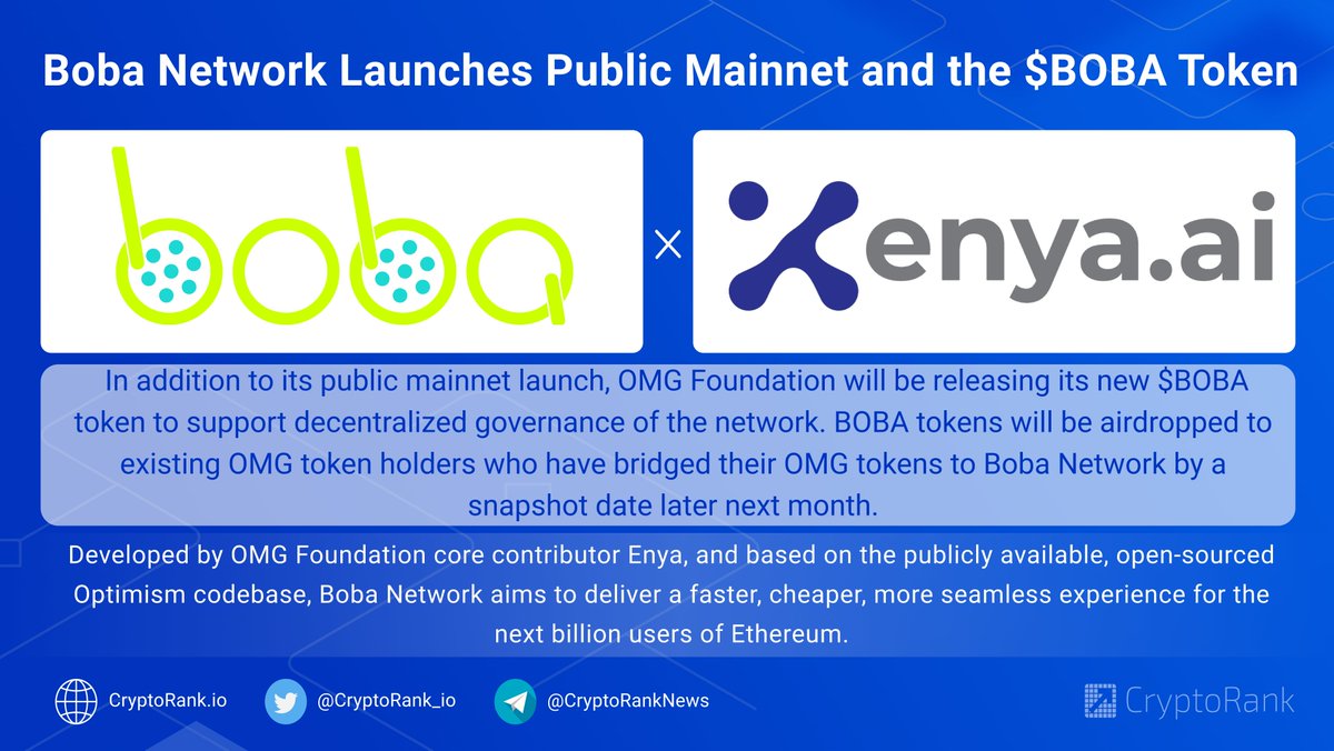 ℹ️<a href="/Bobanetwork/">Boba Network 🧋</a> network launches public Mainnet and the $BOBA Token

$BOBA tokens will be airdropped to existing $OMG token holders who have bridged their $OMG tokens to Boba Network by a snapshot date later next month.

👉enya.ai/press/public-m…
