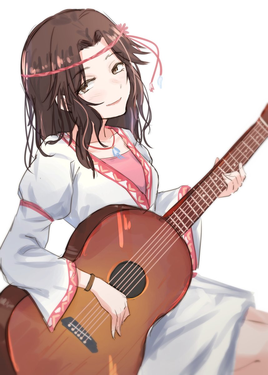 1girl instrument solo brown hair jewelry white background dress  illustration images