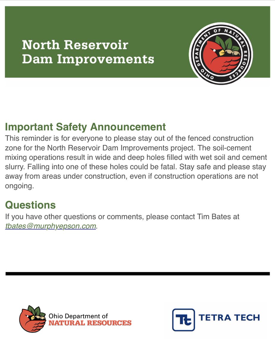 ⚠️ Please read this important safetry announcement from ODNR regarding North Reservoir Dam Improvements