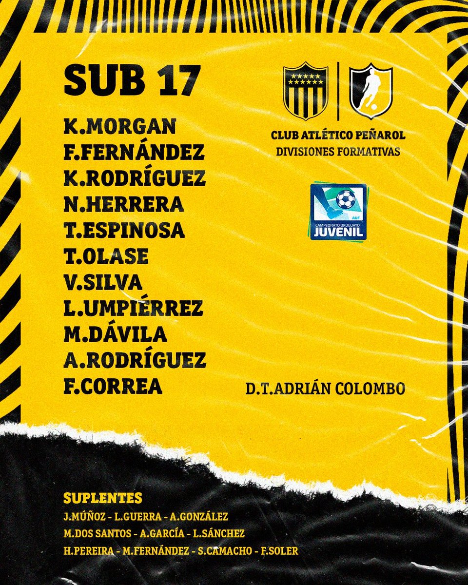 #Sub17 | Así forma <a href="/FormativasCAP/">PEÑAROL | Formativas</a> frente a <a href="/JuvenilesDFC/">Danubio Juveniles</a> en el Estadio José P. Damiani por la fecha 8 del Torneo Especial. 

#VamosLosPibes