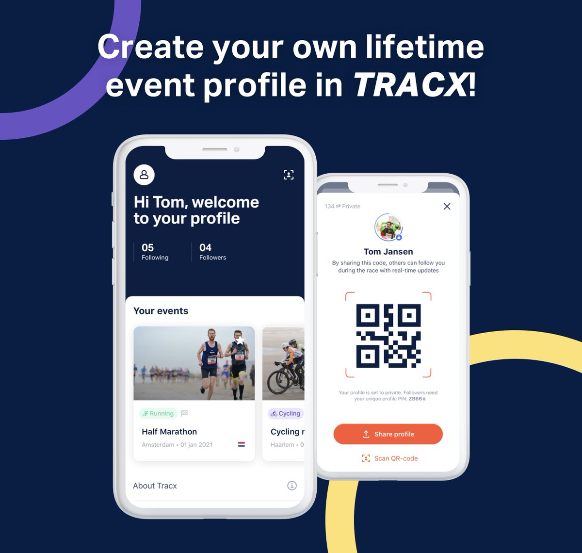 In the 𝙏𝙍𝘼𝘾𝙓 app athletes can create their own lifetime event profile. With this profile, athletes can easily share their live performance with friends and family. This ensures even more engagement around your event.