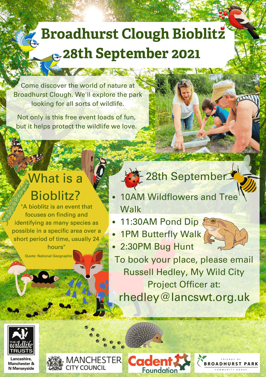 DYK #Moston is full of amazing #wilfdlife! Why don’t you find out for yourself at the Broadhurst Bioblitz on 28 September and help support your local #environment. Register now!