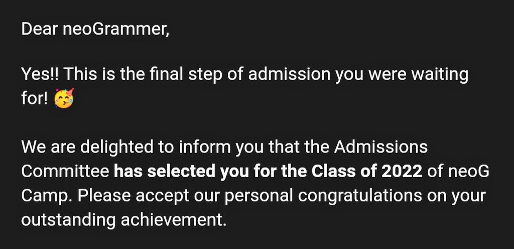 And finally.... the much awaited email 

I am delighted to share with everyone that i got selected for LevelOne 
<a href="/neogcamp/">neog.camp</a>  22 class, super excited to be a part of this amazing journey

Thank you so much <a href="/ch_akanksha/">Akanksha Choudhary</a> <a href="/neogcamp/">neog.camp</a> <a href="/tanaypratap/">Tanay Pratap</a> <a href="/tanviprya/">Tanvi</a>