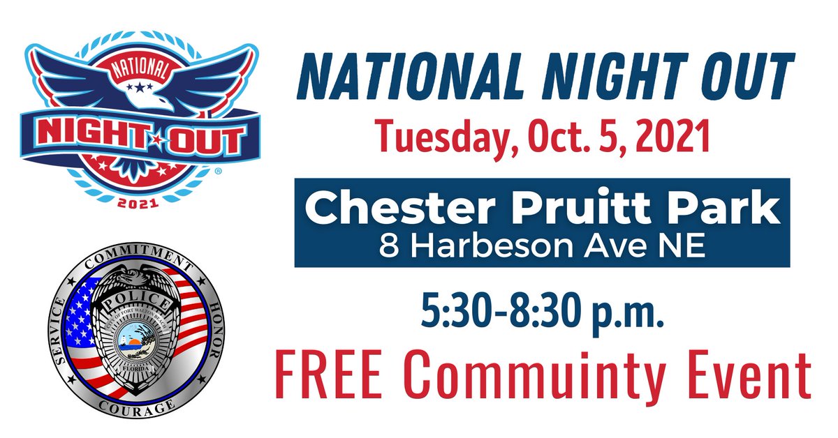 The Fort Walton Beach Police Department will host a National Night Out event on Tues., Oct. 5, 2021, at Chester Pruitt Park in Fort Walton Beach located at 8 Harbeson Ave. NE from 5:30 p.m. to 8:30 p.m. Details at fwb.org/nno