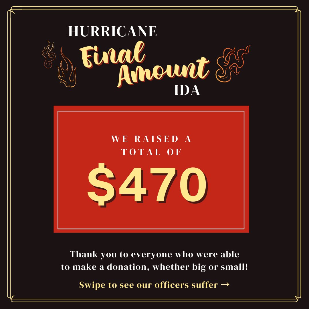 LamarVSA's tweet photo. Thanks to everyone’s generous donations we were able to raise $470 for Hurricane Ida victims! We couldn’t have done this without ya’ll! Please refer to our IG @LamarVSA to watch our officers suffer like we promised 🤧 https://t.co/RpxEdJlLGC