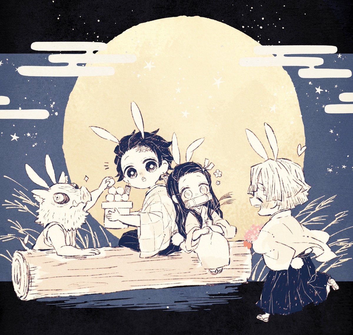 kamado nezuko japanese clothes moon multiple boys animal ears full moon 1girl rabbit ears  illustration images
