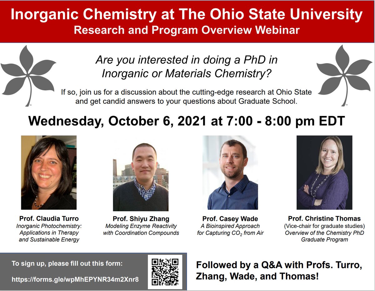 Interested in a Ph.D. in Inorganic Chemistry? Come learn about the exciting research happening at Ohio State <a href="/OSU_CBC/">Ohio State Chemistry and Biochemistry</a> and get all your questions about graduate school answered at our webinar on Oct. 6! Please retweet/share!
Register for the webinar here: forms.gle/wpMhEPYNR34m2X…