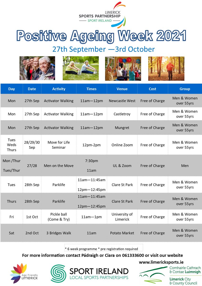 Limericksports's tweet photo. To celebrate Positive Aging Week 2021, LSP has a range of FREE programmes available suitable for our 55+ older adults living around Limerick city and county.
MORE INFO: https://t.co/LQnW54zQ6E
#PositiveAgingWeek #ActiveLimerick https://t.co/UYhvShTF8S
