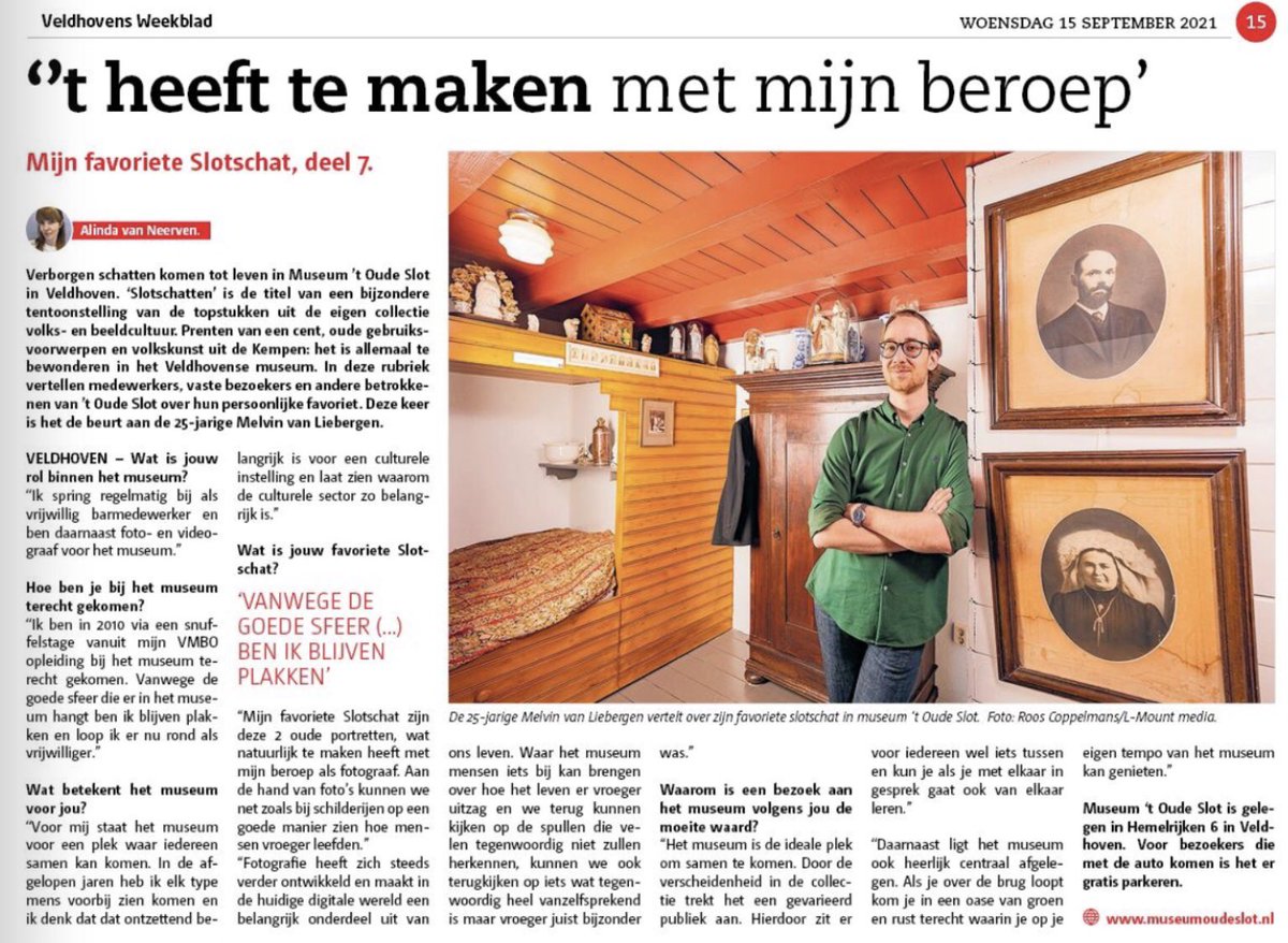 Hadden jullie hem ook al gespot in het Veldhovens Weekblad, onze geweldige vrijwilliger én foto- en videograaf Melvin van Liebergen? In het interview vertelt hij onder meer over zijn favoriete Slotschat. #museum #museumoudeslot #Veldhoven