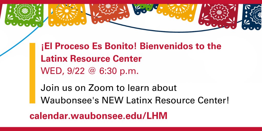 💻 Join us virtually tomorrow, 9/22 at 6:30 p.m. to learn about #Waubonsee's new Latinx Resource Center at Aurora DWNTN! #LatinxHeritageMonth 

ℹ️ More info: bit.ly/3nJ28P7 
🗓️ Upcoming events: calendar.waubonsee.edu/LHM