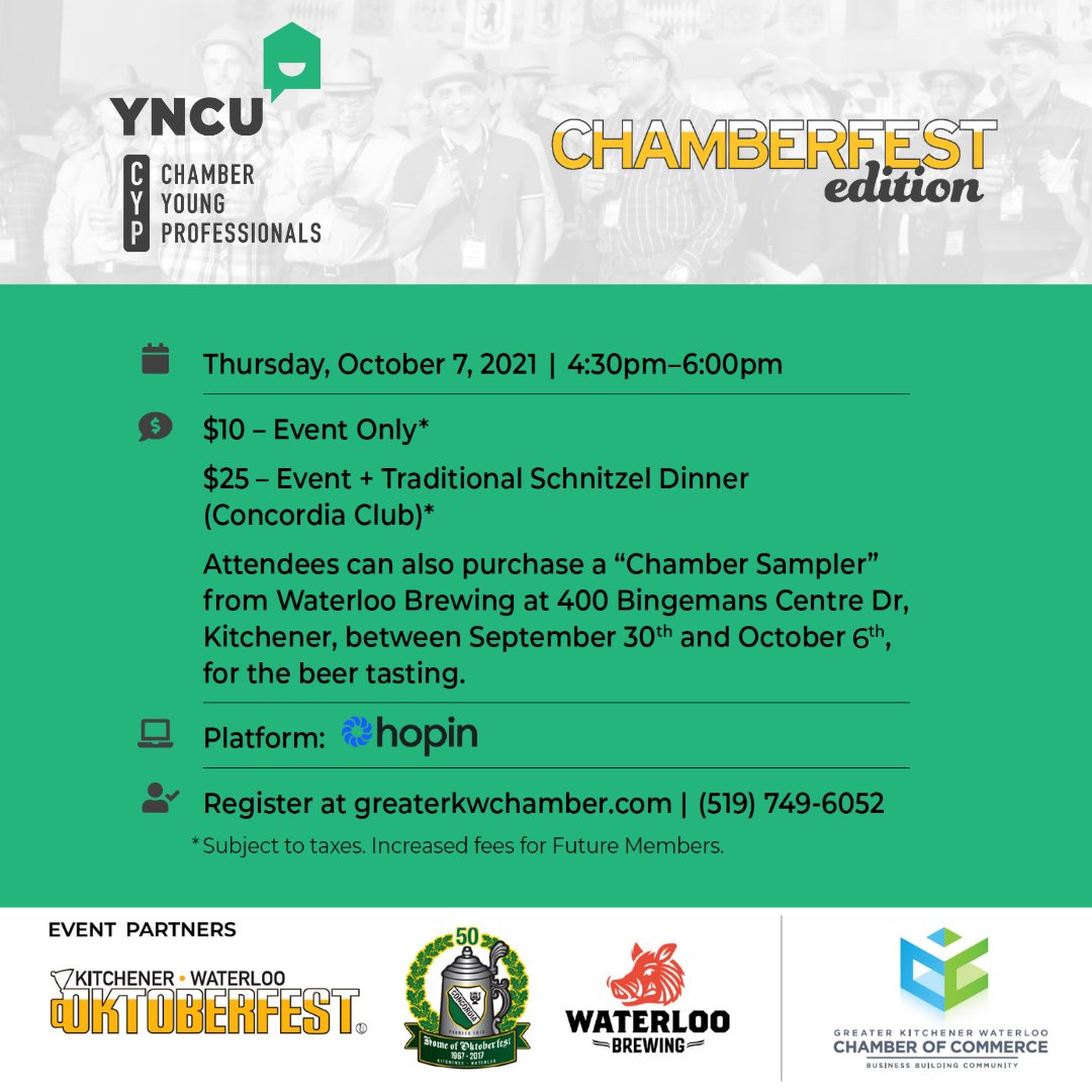 🔔 JUST ANNOUNCED! The <a href="/YourNCU/">YNCU</a> <a href="/KWCYP/">KWCYP</a> along with <a href="/KW_Oktoberfest/">K-W Oktoberfest Inc.</a> present CHAMBERFEST on Oct 7th.
🎉 Enjoy the event from the comfort of your home with networking, entertainment, beer tasting, &amp; the option to purchase a schnitzel dinner. 
✅ Register here: bit.ly/3zwyIWY