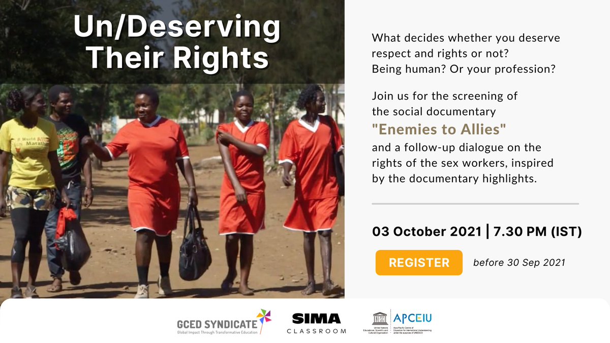 GCEDSyndicate's tweet photo. Justice, Respect &amp; Rights beyond professions!
Register now for "Un/Deserving Their Rights", a live dialogue inspired by the social documentary, "Enemies to Allies"! 🙌
📝 https://t.co/jCzDSvTaXu
#GCED #SDG16 #SDG17 #SDGchallenge #GCEDambassadors @SIMAawards @APCEIU https://t.co/cL6jHLNdBn