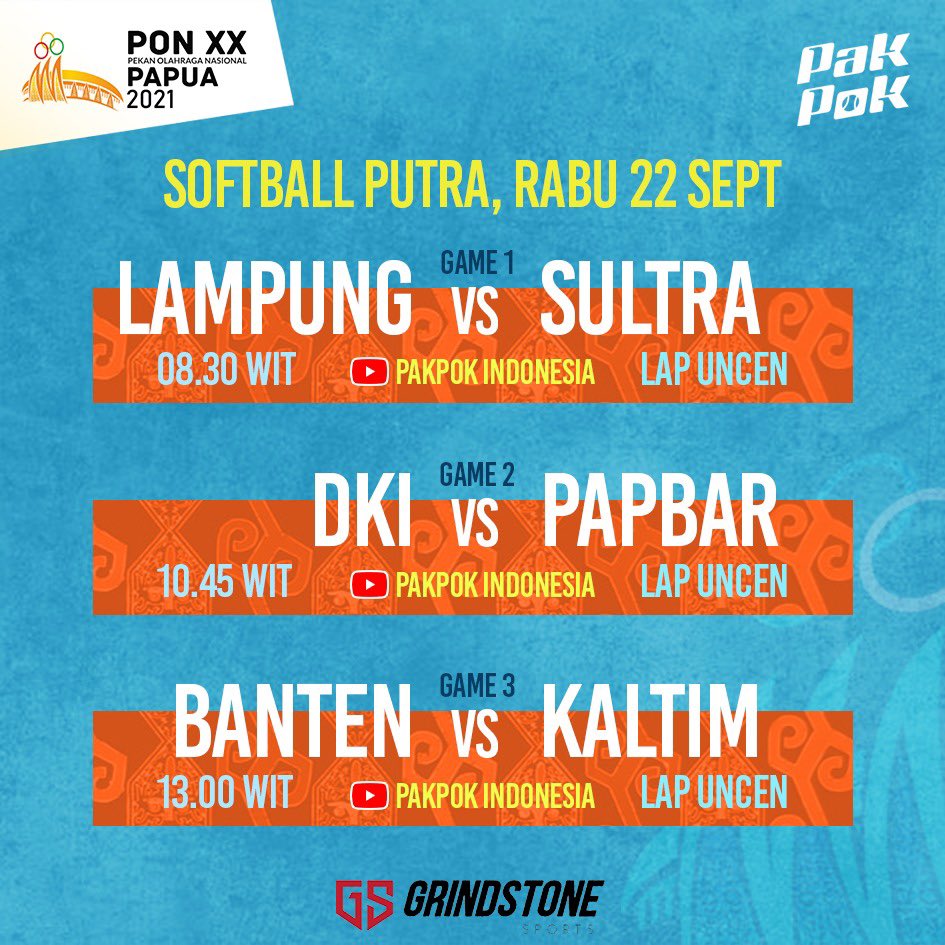 PakPokID's tweet photo. Jadwal Pertandingan Softball PON XX 2021 Hari 1
Babak penyisihan softball putra akan dipertandingkan di Lapangan Softball Agus Kafiar, Universitas Cendrawasih
Pertandingan pertama akan mempertemukan juara bertahan Sultra menghadapi juara Pra PON Lampung
Live di YouTube #PakPok https://t.co/nVkx3wbZuw