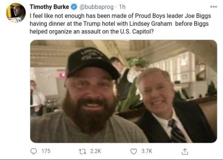 The Trump Crisis 🎯 (@rwtrollpatrol) on Twitter photo <a href="/ZoeTillman/">Zoe Tillman</a> Here is Proud Boy leader Joseph Biggs with Lindsey Graham on January 5th at Trump's DC Hotel. <a href="/ZoeTillman/">Zoe Tillman</a> Here is Proud Boy leader Joseph Biggs with Lindsey Graham on January 5th at Trump's DC Hotel.
